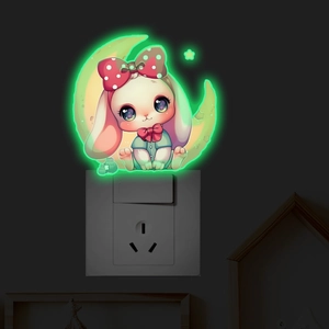 Glow-in-the-dark cartoon bunny on moon wall sticker for home decor and light switches