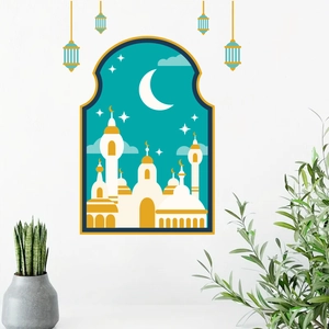 Detailed wall sticker set featuring a golden mosque architecture under a blue crescent moon