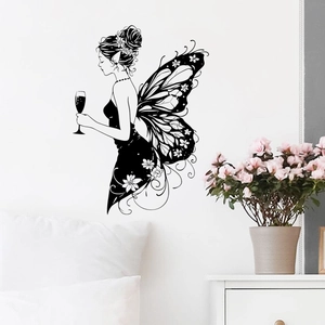 Butterfly Fairy Silhouette Wall Sticker PVC Self-Adhesive Elf Girl With Floral Wings Goblet Decal For Bedroom Home Decor
