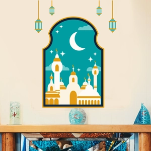 Detailed view of luminous blue and gold moon castle wall stickers in home bedroom