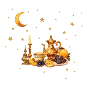 Ramadan moon and star wall decals with watercolor fruit and traditional candle stickers