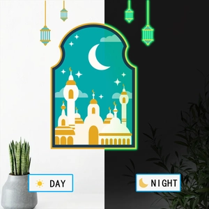 Luminous wall sticker showing creative moon castle patterns in day and night contrast