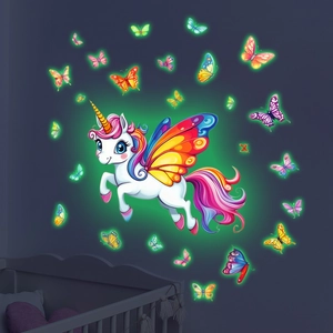Leuchtende Einhorn und Schmetterling Wandaufkleber für Kinderzimmer Wanddekoration