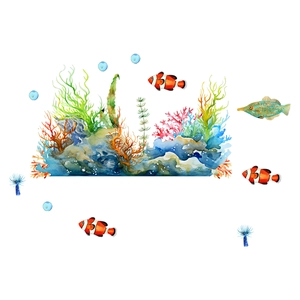 Luminous ocean animal wall stickers with watercolor coral and tropical fish for kids room