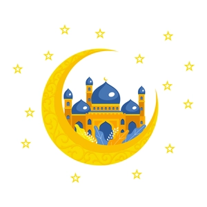 Adesivo murale con luna dorata e castello blu per decorazioni di Ramadan su bianco
