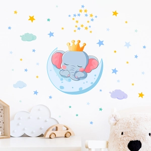 Luminous wall sticker featuring a cute baby elephant sleeping on a moon with stars