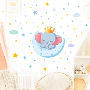 Glow in the dark cartoon elephant sleeping on the moon wall stickers for kids nursery rooms