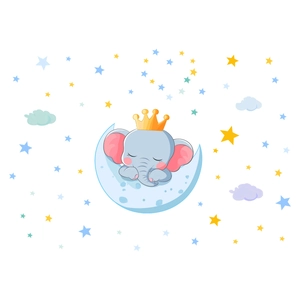 Glow-in-the-dark baby elephant sleeping on blue moon wall sticker with stars and clouds