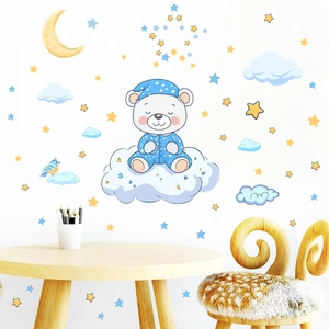 Luminous teddy bear on moon wall stickers for kids bedroom decor with stars and clouds