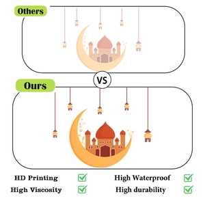 Comparison showing HD printing, high viscosity, and waterproof Eid moon wall stickers