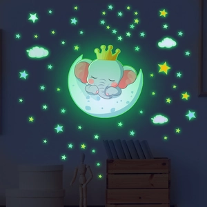 Luminous wall stickers with sleeping elephant on moon and stars for nursery decor