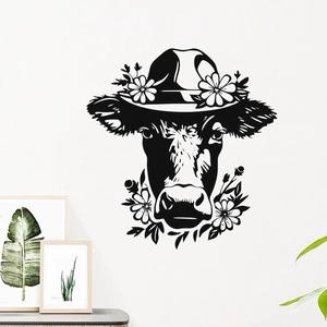Creative PVC Cow Head Flower Hat Wall Sticker Removable Waterproof Vinyl Decal For Living Room Bedroom Home Wall Decoration