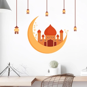Creative crescent moon and castle wall stickers with hanging lanterns for home decoration