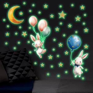 Luminous Rabbit Balloon Wall Sticker Glow In The Dark Cartoon Moon Stars PVC Self Adhesive Decal For Kids Room Home Decor