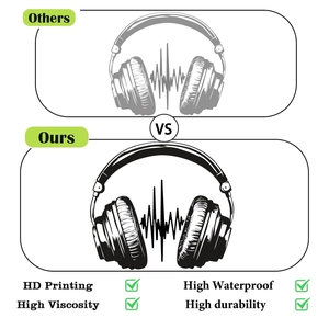 Comparison showing high definition HD printing and waterproof durability of headphone stickers