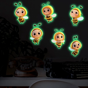 Luminous wall stickers featuring six cartoon honeybees with green glow-in-the-dark effect