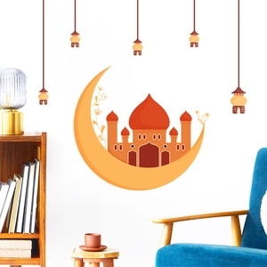 Islamic moon and mosque wall sticker for home decoration with lantern and floral accents