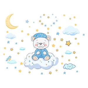 Luminous teddy bear on moon and clouds wall stickers for kids nursery room decor