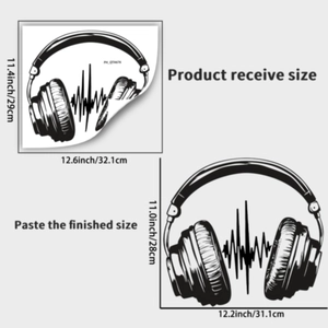 Detail showing dimensions of self-adhesive headphones wall sticker for home decoration