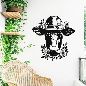 Creative cow with floral hat wall sticker for home decoration in minimalist black silhouette