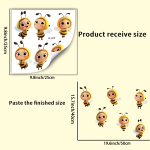 Detailed size specifications for cartoon bee luminous wall stickers showing layout and dimensions