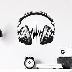 Minimalist black music headphones with sound wave wall sticker for home studio decor