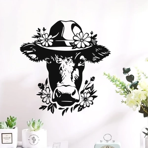 Black silhouette cow with floral hat wall sticker for rustic home decor decoration
