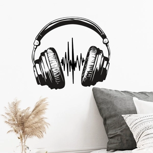 Minimalist black headphone wall sticker with soundwave art for modern home decor