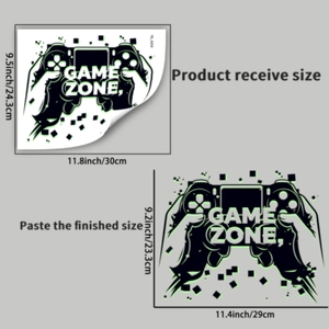 Size specifications for glow-in-the-dark game zone wall sticker with controller design