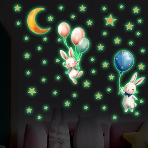 Glow in the dark bunny and stars wall stickers for home decor in night light