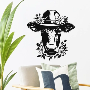 Creative cow in floral hat wall sticker for modern living room home decor wallpaper