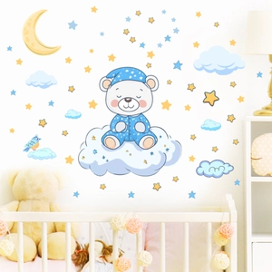 Luminous moon bear wall stickers for children's bedroom decor with clouds and stars