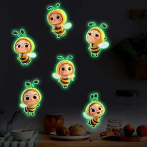 Glow in the dark cartoon bee wall stickers with green luminous effect for home decor