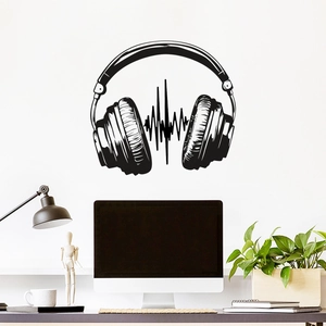 Minimalist headset silhouette wall decal with audio wave line for home office decoration