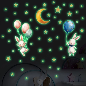 Luminous rabbit and balloon wall stickers with glowing moon and stars for kids room