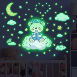 Luminous teddy bear on moon wall decals for children room glow in the dark stars stickers