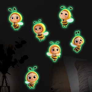 Luminous cartoon bee wall stickers with green glow effect for children's room decor