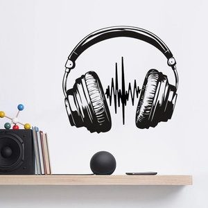 Detail of minimalist black headphone wall sticker with creative sound wave design on wall