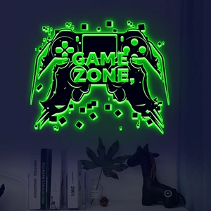 Luminous Game Zone wall sticker with neon green gamepad design for gaming room decor