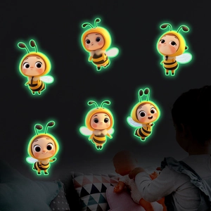 Luminous wall stickers set featuring six cute glowing bees for kids room decoration