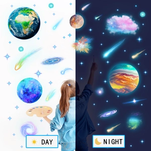 Luminous outer space wall stickers showing Day vs Night glowing effect for home decor