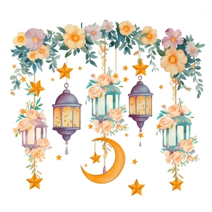 EID Ramadan Mond und Blumen Wandaufkleber mit Aquarell-Laternen und goldenen Sternen
