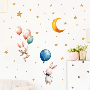 Luminous bunny balloon wall stickers for nursery with glow in the dark stars and moon