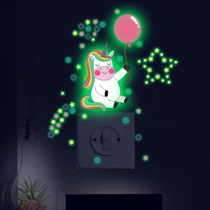Glow In The Dark Unicorn Wall Stickers Cartoon Rainbow Unicorn Pink Balloon Stars Luminous Wall Decals For Kids Room Decor