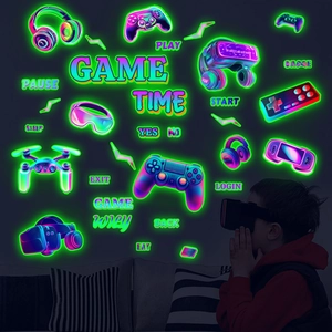 Leuchtende Gaming Wandaufkleber mit Neon Controller und VR-Headset für Spielezimmer