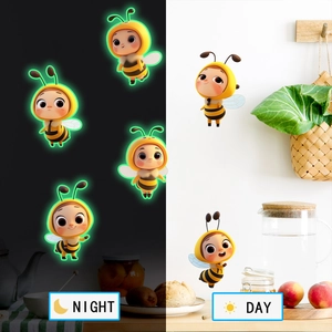 Luminous cute bee cartoon wall sticker showing day and night glowing effect comparison