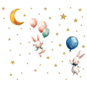 Luminous rabbit wall stickers with balloons and moon in soft watercolor nursery style