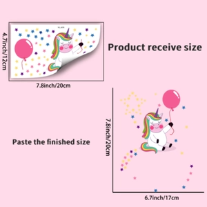 Detailed size comparison of unicorn wall stickers with colorful balloons and stars