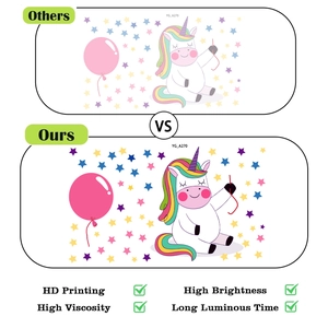 Luminous unicorn wall sticker set with glowing balloons and colorful stars decoration