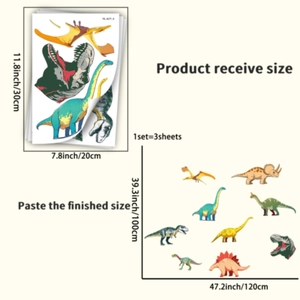 Vue détaillée des stickers muraux dinosaures lumineux montrant les dimensions du produit